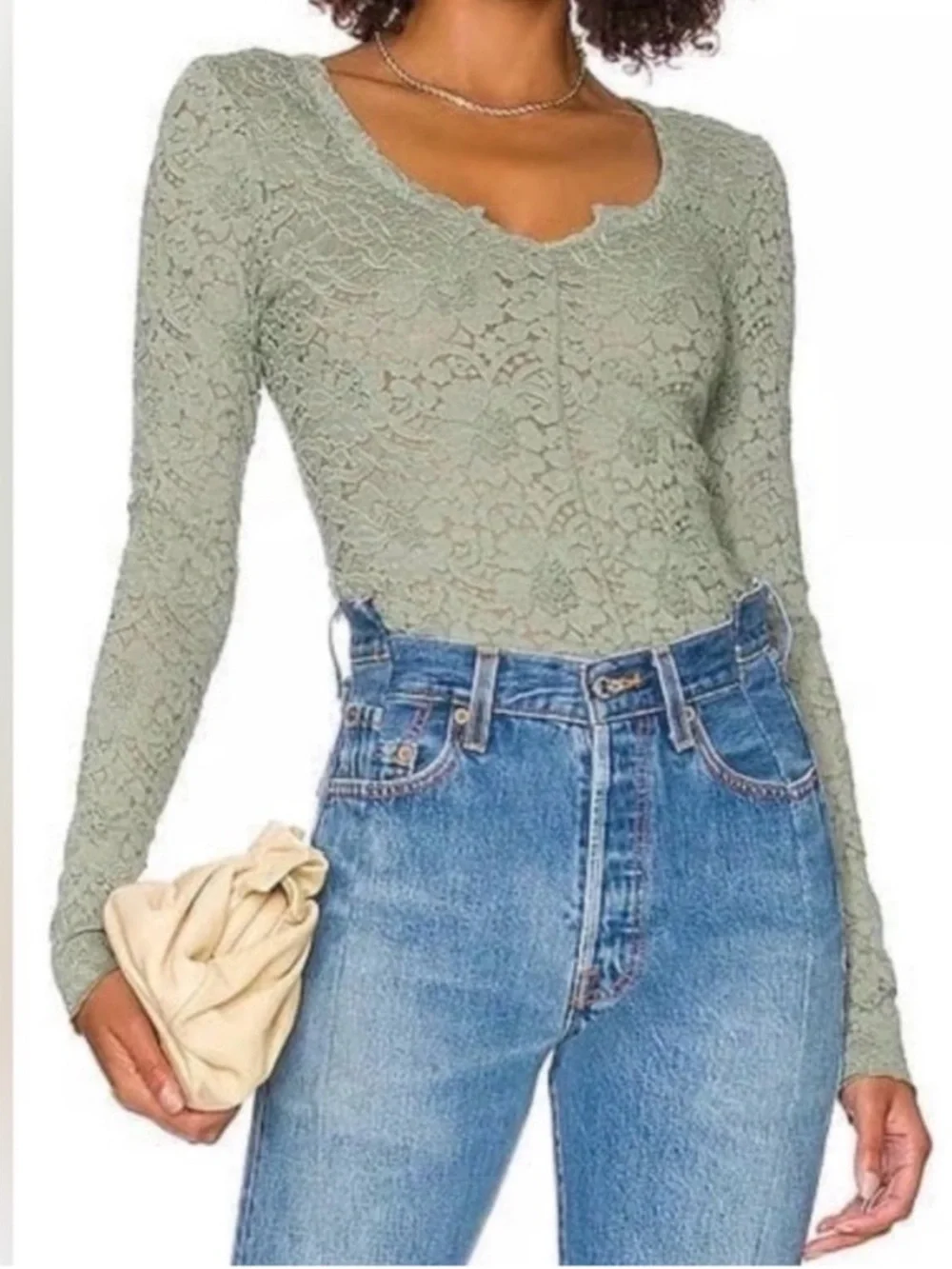 Free People Green Cloud Ride Floral Lace Long Sleeve Notch Top Size Large